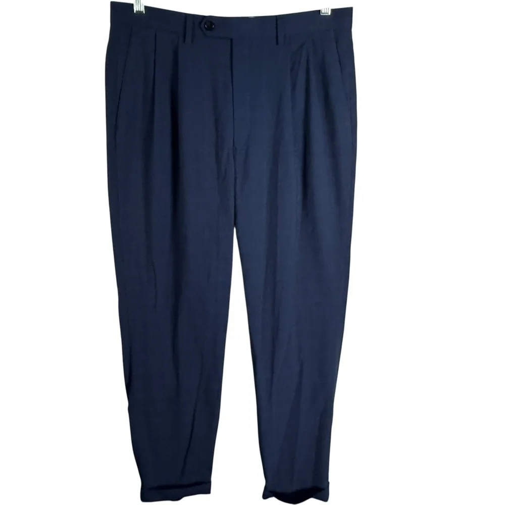Ralph Lauren Black Label Men 34x32 Navy Windowpane Polyester Blend Dress Pants